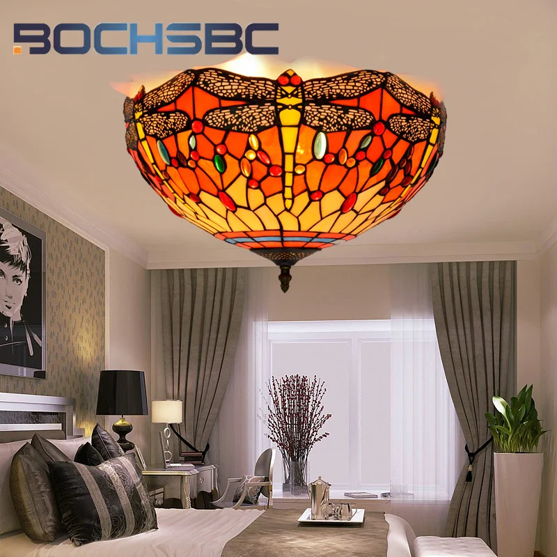 BOCHSBC Tiffany minimalist style 16Inch stainedglass overhead light Living Room Dining Room Bedroom hallway glazed ceiling light