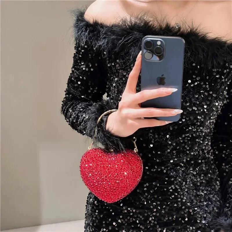 For Women Ladies Luxury Diamond Inlay Heart Shape Red Crystal Clutch Purse Stone Evening Party Shoulder Bag Rhinestone hand Bags