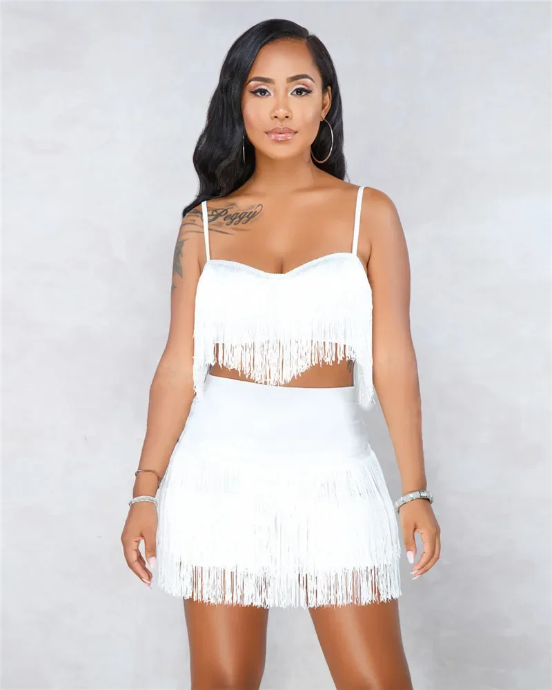 Women Two Piece Sets Sexy Tassel Fringe Camisole Crop Top And High Waist Mini Skirt Celebrity Party Night Club Matching Outfits