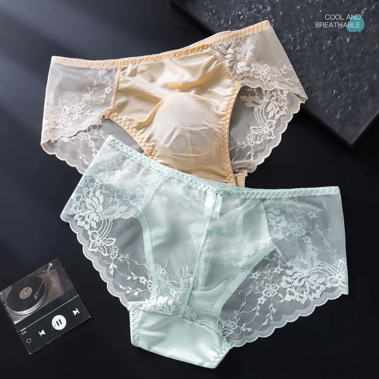 Mens Panties Satin Floral Lace Flower Pattern Mid Low Waist Smooth fabric Breathable Translucent Pouch Underwear Plus Size