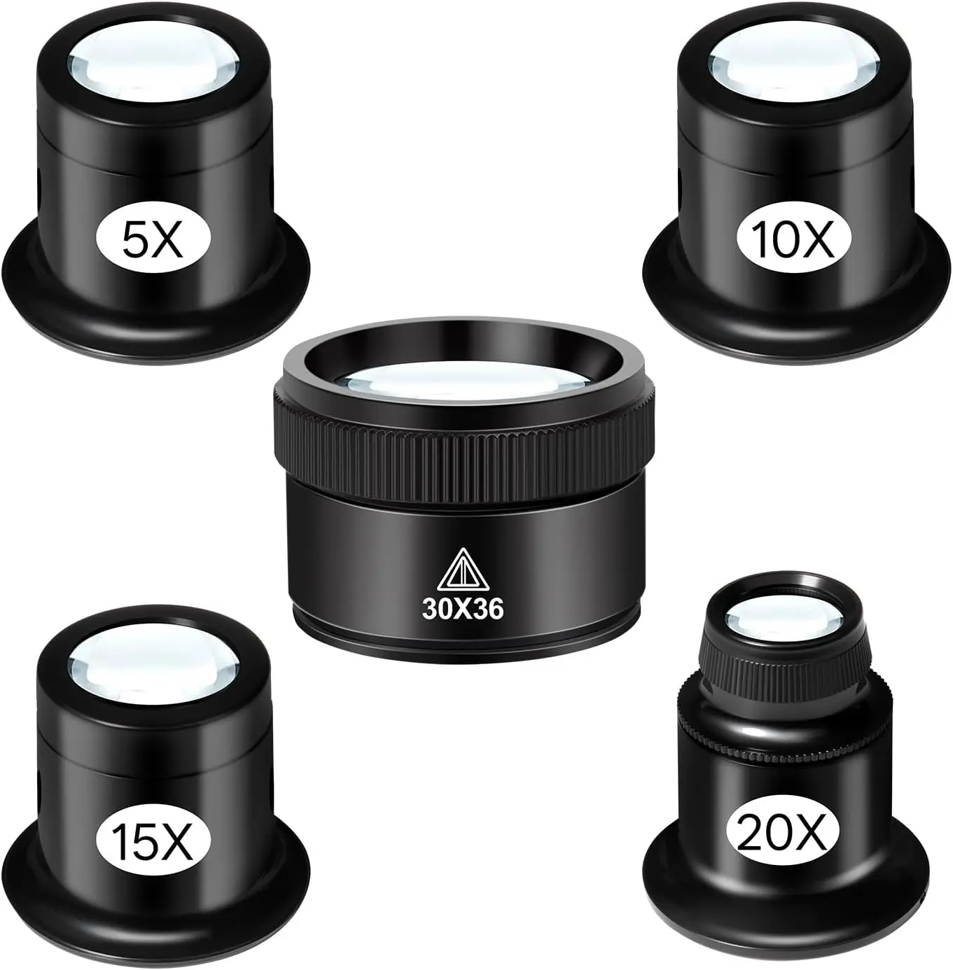Ensemble de 5 loupes de bijoutier, loupe oculaire portable avec lentilles en verre 5X 10X 15X 20X 30X 36mm, mini loupe monoculaire
