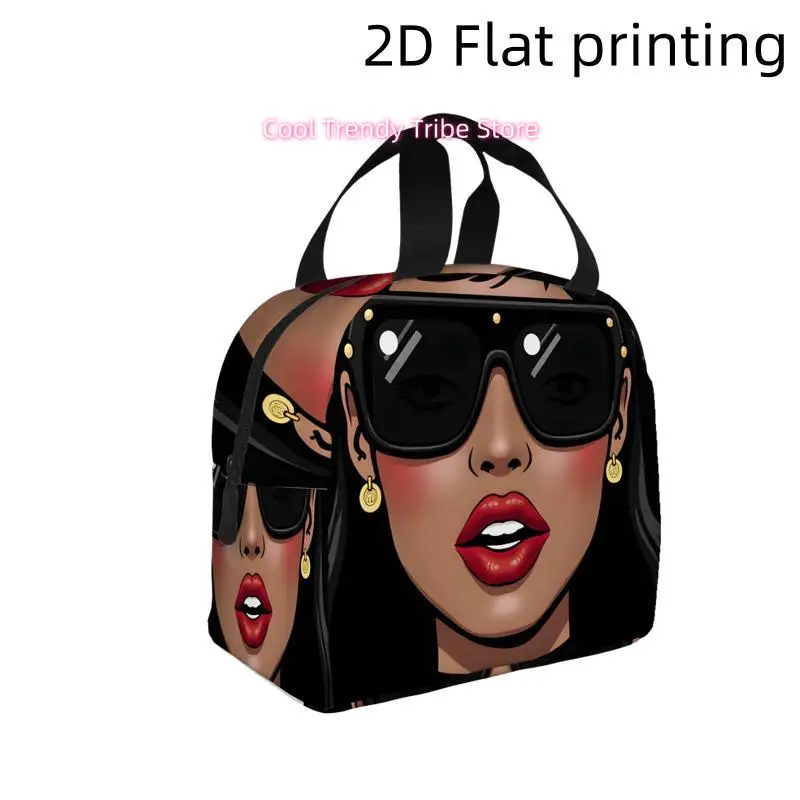 1pc Stylish Woman with Bold Red Lips and Golden Additions Printed Insulated Cooler Bag | Reusable Portable Hot Cold Bag for Home
