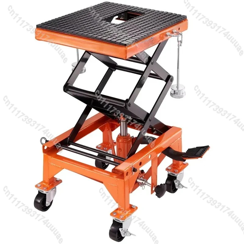 Hydraulic Motorcycle Lift Table 135KG Capacity Scissor Jack with Wide Deck J Hooks 4 Wheels for ATV Dirt Bike Repair Stand