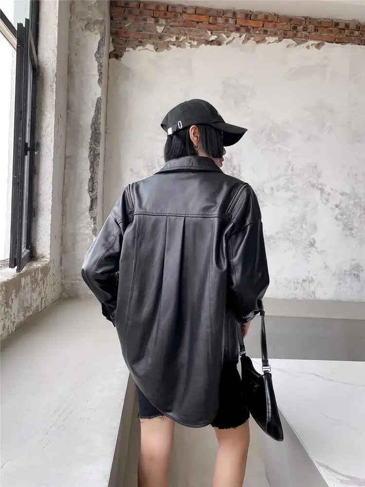 Boyfriend Style Women Loose Fit Sheepskin Genuine Leather Jacket Zip Sleeve Mid Long Top Single Breasted Casual Streetwear Coats