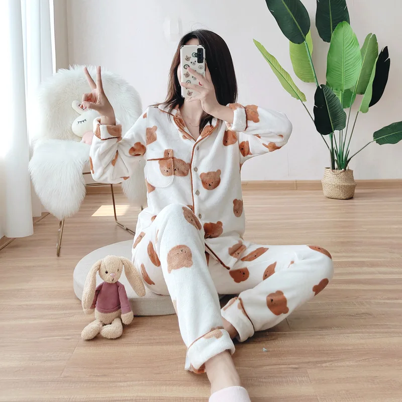 

Thickened Flannel Sleepwear Long Sleeve Coral Fleece Lined Home Clothes Set for Men And Women Warm Autumn Winter Couple Pajamas