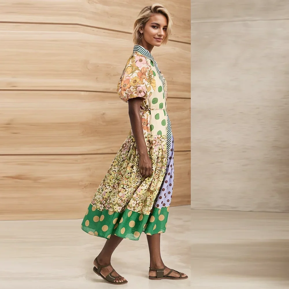 Sommer Neue Frauen Kleid Einreiher Lange Laterne Hülse Graffiti Print Krawatte Taille Kleid Strand Urlaub Floral Print Boho kleid