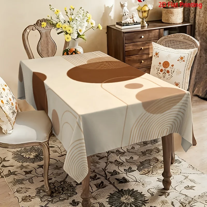 1pc Light Beige + Brownish Gray Geometric Line Abstract Pattern Tablecloth - Suitable for Dining Table/Coffee Tablezyc