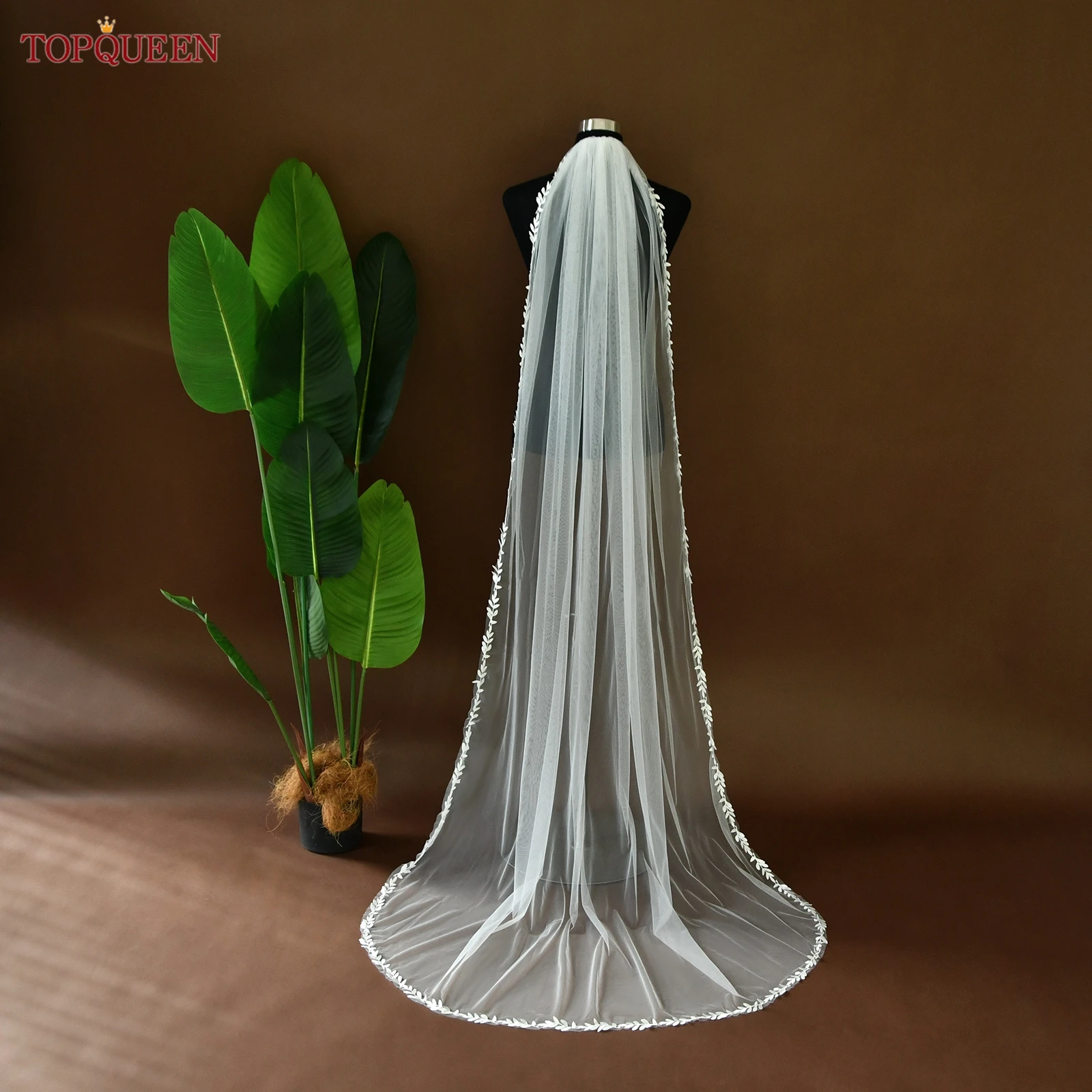Topqueen V129 Lace Wedding Veil 3 Meters Long Velo De Novia White Ivory Wedding Veil Thin Lace Church Veil Can Be Customized-image