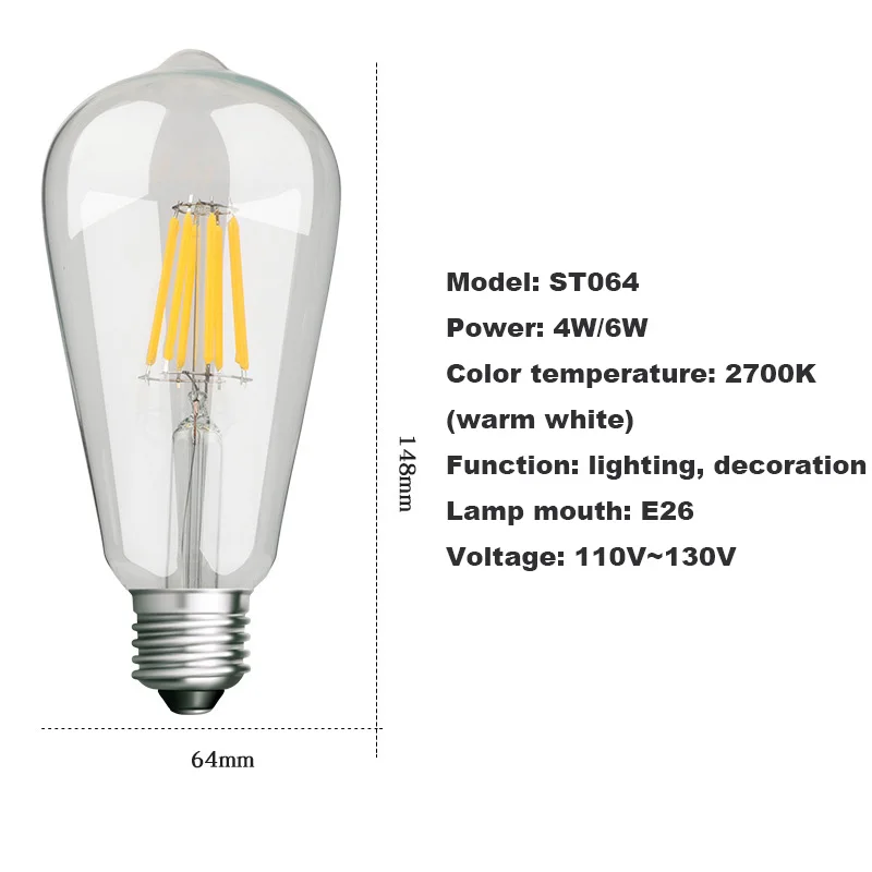 透明アメリカン標準LED電球、照明装飾、e27、st64、110v、4w、6w