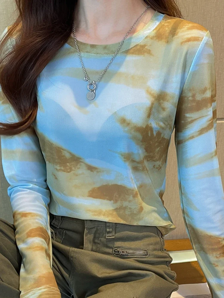 

Женская сексуальная футболка, прозрачные сетчатые топы с длинным рукавом, прозрачная тонкая женская однотонная водолазка, шелковая футболка, кружевной укороченный топ