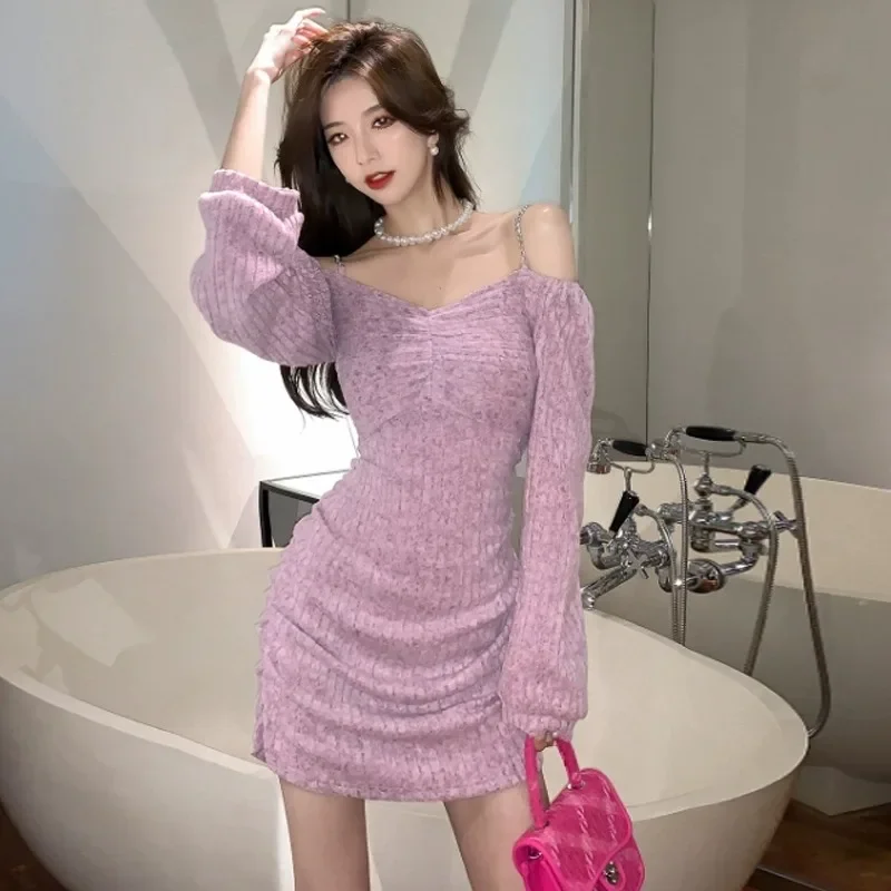 Sweet and Sexy Off Shoulder Knitted Dress Women's Autumn Fashion Sheath Waist Brushed Dress Cold Shoulder Short Bodycon Dress