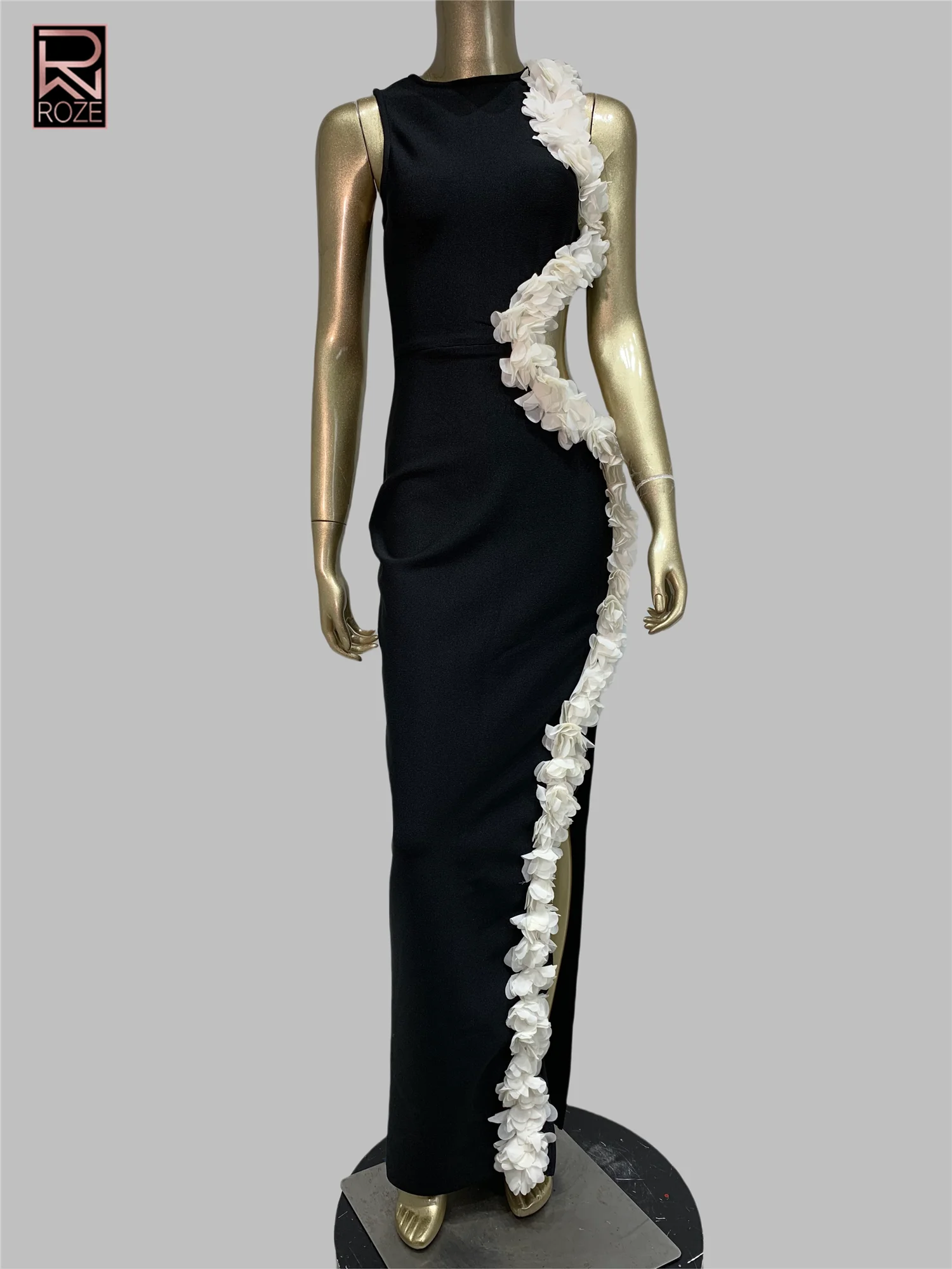 فستان نسائي فاخر بأشرطة باللون الأسود مزين باللون الأبيض ماكسي طويل فساتين المشاهير والحفلات المسائية #1