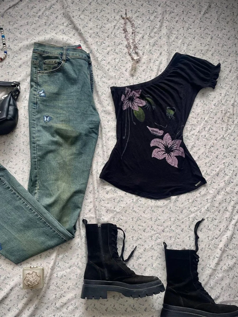 BaoYao Girl Original Bla High-End oulder Bared camiseta de mujer estampado Retro americano Faionable algodón ort Sve Top