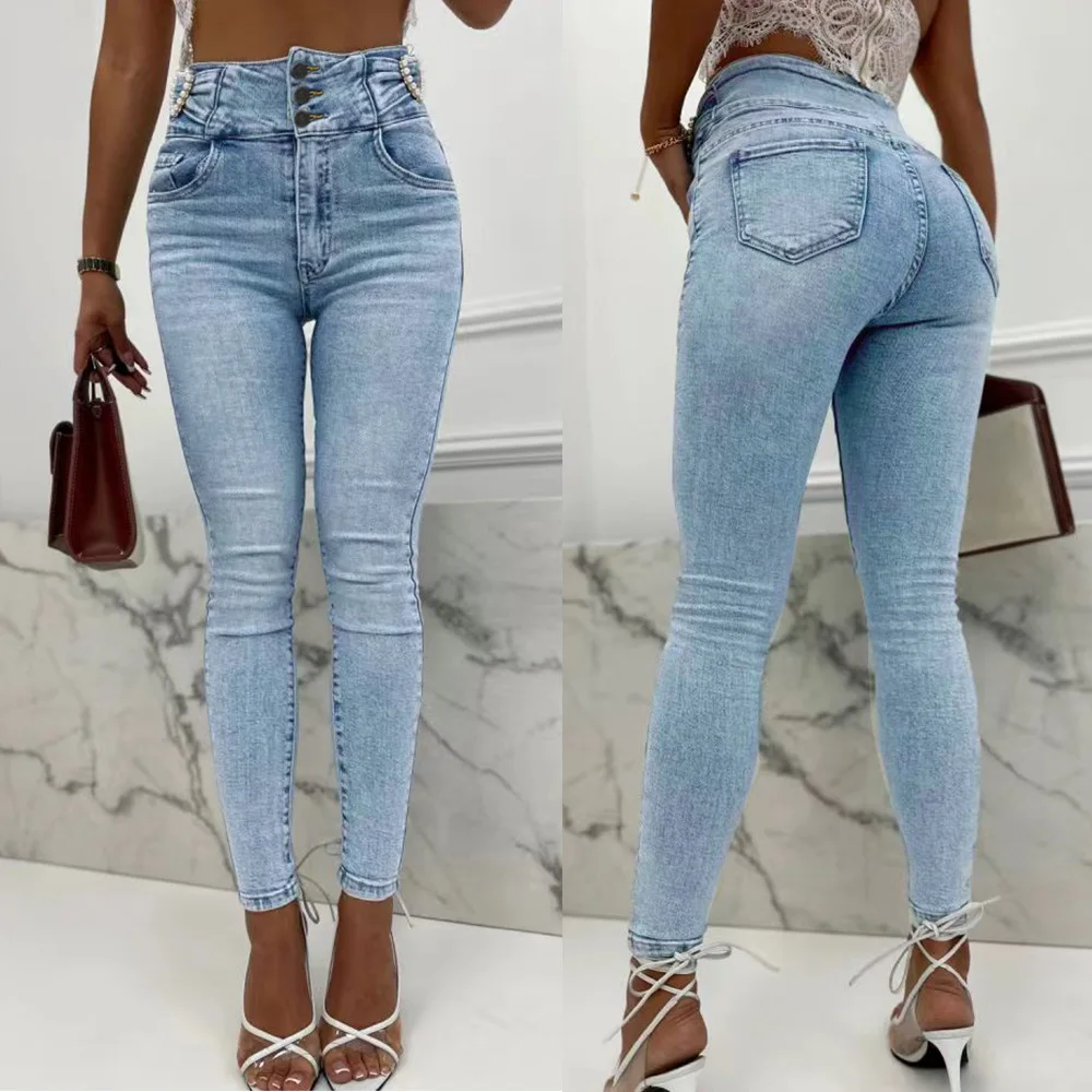 2026 High Waist Jeans Female Streetwear Denim Pants Trousers Y2K Pearl Decorated Jeans Skinny and Skinny Small Feet Pencil Pants