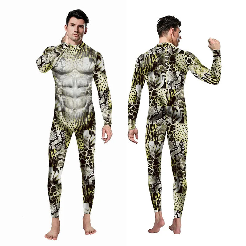 Python Pattern Jumpsuit Men Snake Cosplay Costume Halloween Bodysuit Animal Catsuit Carnival Skinny Outfit Adult Rompers