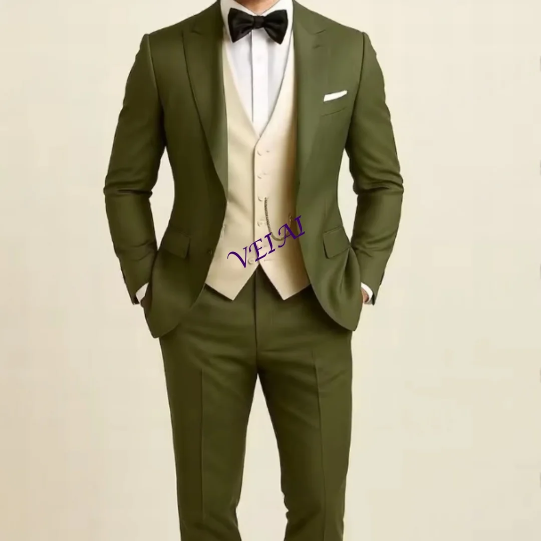 

Индивидуальный армейский зеленый и бежевый деловой мужской костюм, жених, жених, свадебная вечеринка, выпускной, деловые мужские смокинги, комплект из 3 предметов, блейзер, жилет