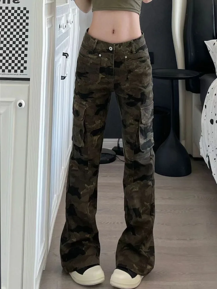 

Oversize Camouflage Bell Bottom Jeans American Vintage Hip Hop Denim Flare Pants 2025 New Loose Straight Wide Leg Pants