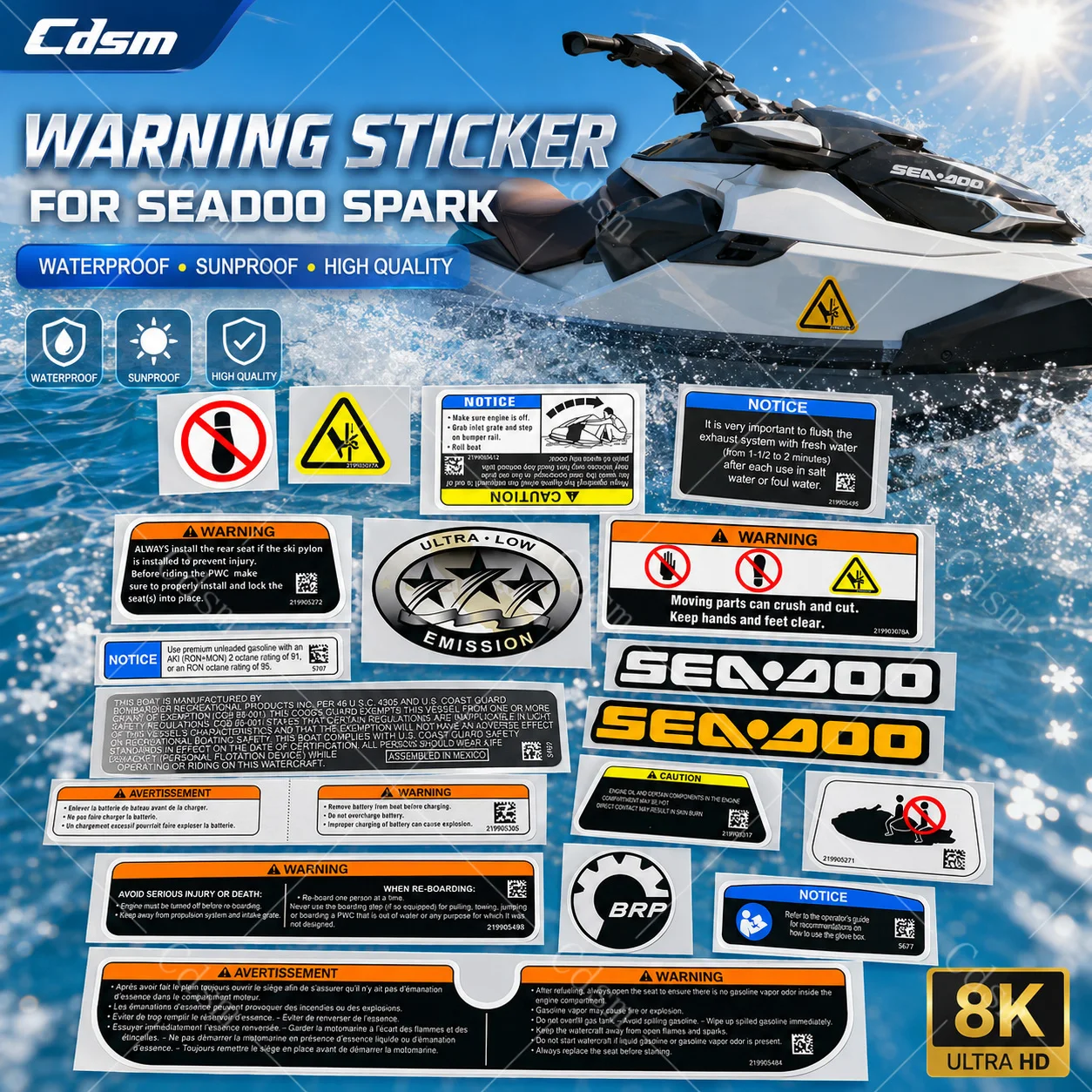 For BRP Seadoo warning stickers jet boat watercraft jetski reflective Waterproof Decal Accessories for Spark GTI GTX RXP RXT