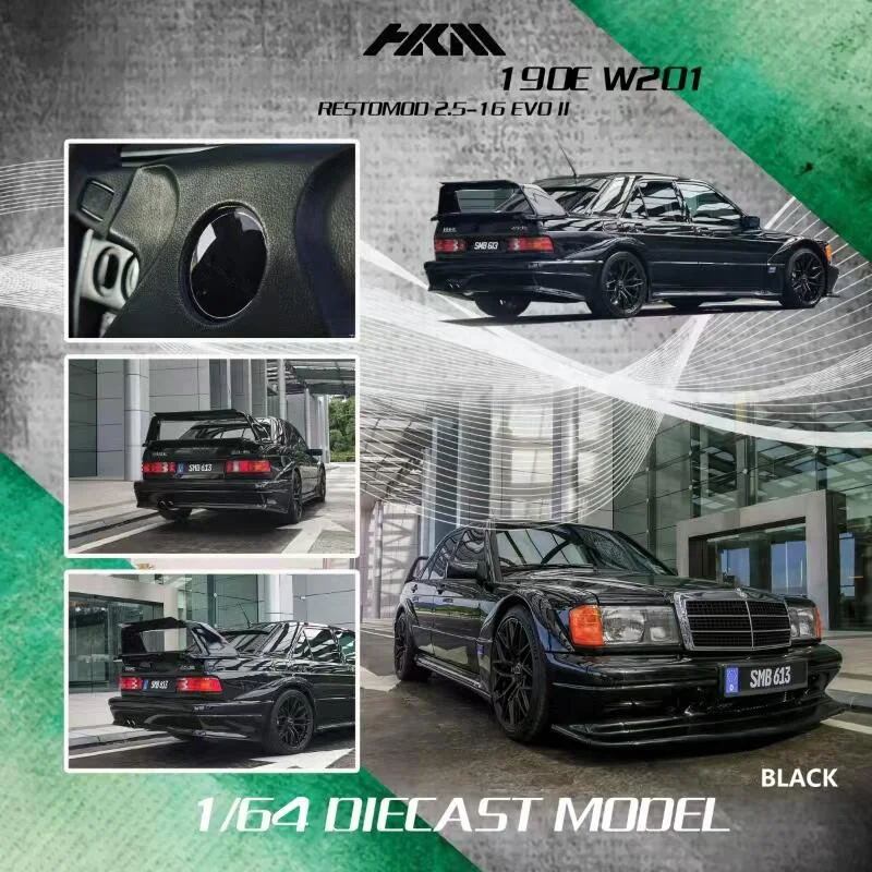 

HKM 1:64 190E W201 2.5-16 Evo II Restmod Gloss Black Limited999 Литая под давлением коллекционная модель автомобиля