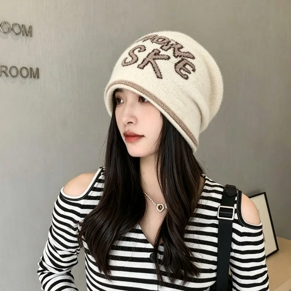 Street Fashion Large Head Size Knitted Hat Jacquard Letter Beanie Windproof Bucket Hat Keep Warm Skullies Cap For Couple