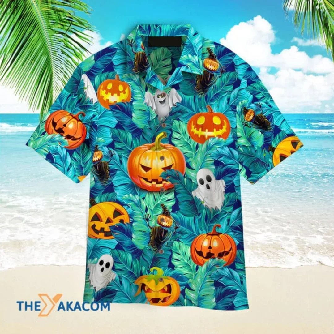 

Halloween Black Pumpkin With Skeleton Hand Halloween Hawaii Hawaiian Men Shirt