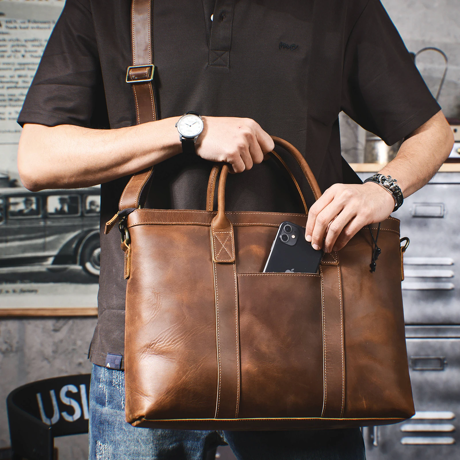 Vintage Echtleder Herren-Aktentasche 16 Zoll Laptop-Taschen Crazy Horse Leder Messenger-Handtasche Rindsleder Geschenkidee für Männer – Detail 6