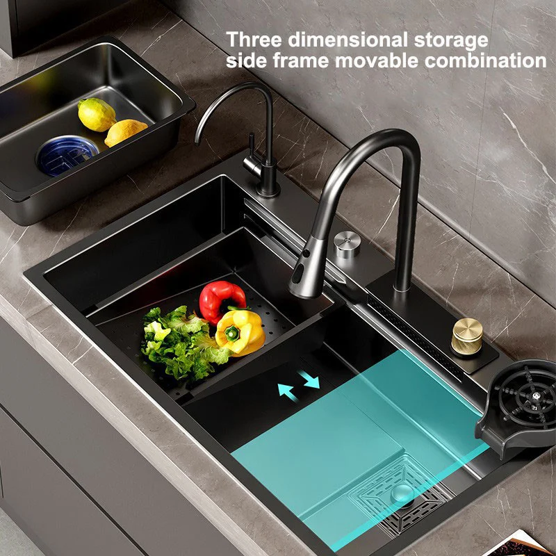 Black Step Kitchen Sink 304 Stainless Steel Handmade Above Mount Waterfall Faucet Farmhouse Kitchen Sinks