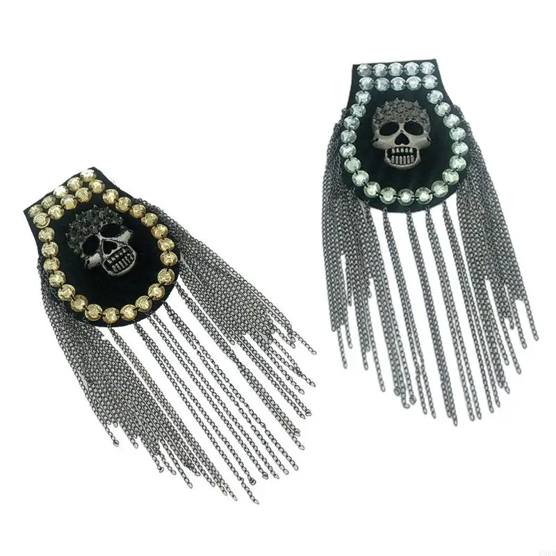 P88B Badges Chain Punk Skull Epaulet Tassel Epaulet for Rhinestone Shoulder Jewelry