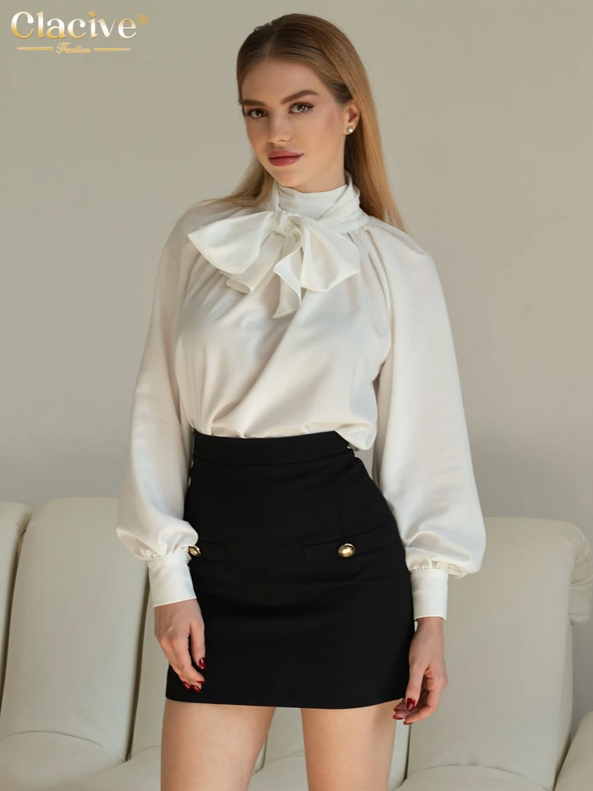 Clacive Spring Loose White Women's Shirt 2026 Fashion Bow Collar Long Sleeve Shirts Elegant Classic Solid Top Female Clothing