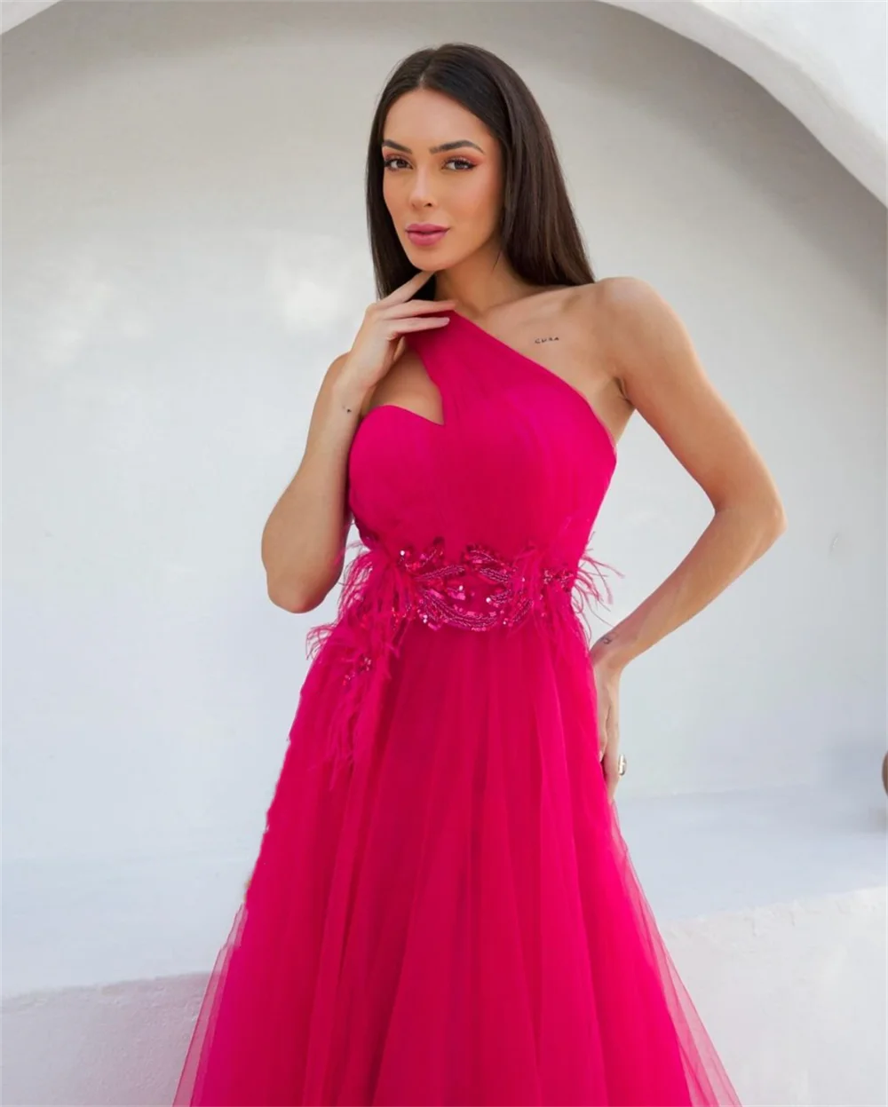 AnnieHot-vestido de novia Rosa elegante con plumas de lentejuelas, vestidos de graduación de lujo, Sexy, un hombro, tul, línea A, vestidos para ocasiones a medida