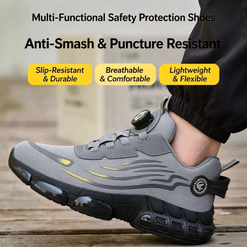 Rotating button protective shoes, steel-toe working sports shoes, puncture-resistant, breathable industrial safety shoes