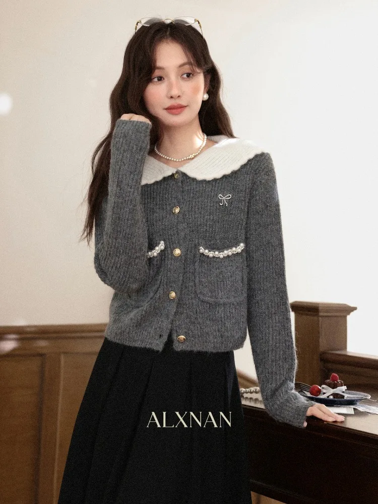 

ALXNAN Women's Grey Knit Cardigan Cute Peter Pan Collar Bow Beaded Metal Button Sweater 2025 Fall Winter Warm Knitwear L59107
