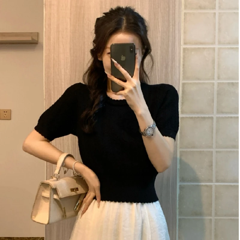 

High-End Ice Silk Short Sleeve T-Shirt Women's Knittedwear Summer Hollow out Design Top Quality European Fashion Guangzhou Th...