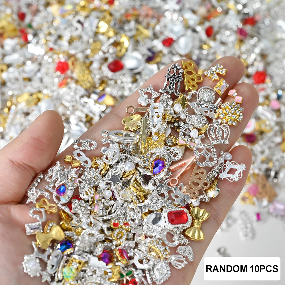 

10Pcs Mix Random Alloy Nail Art Charms Gold/Silver Metal Rhinestones For Nail Art Decoration Crystal Gem Diamond Nail Supply