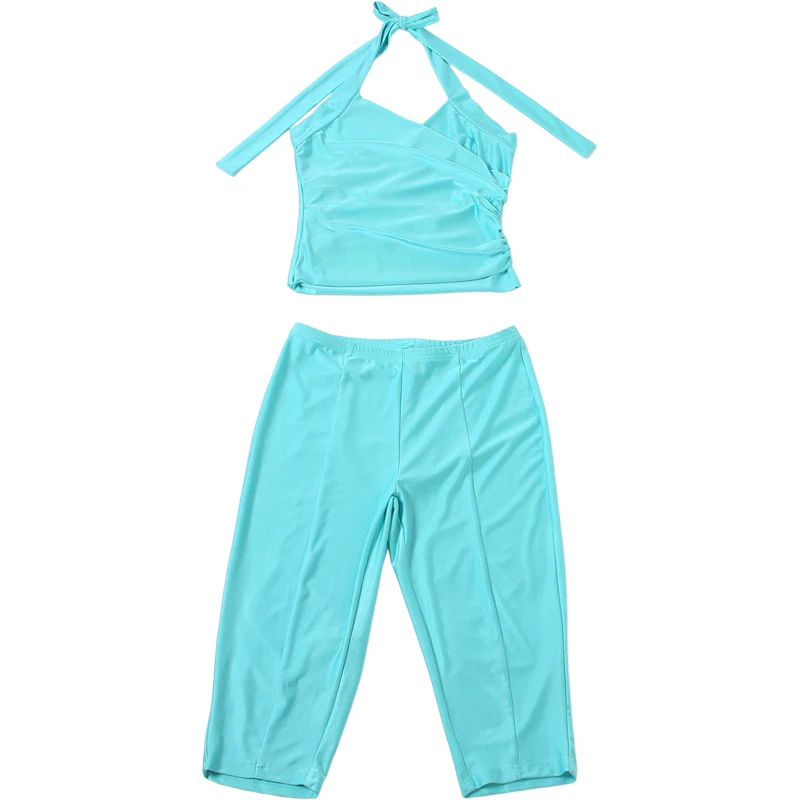 Sisterlinda Sexy Satin 2-Teiliges Set Damen Kreuzhalter Rückenfreies Bandage-Top + Caprihose Trendige Mode Street Party Anzüge – Detail 3