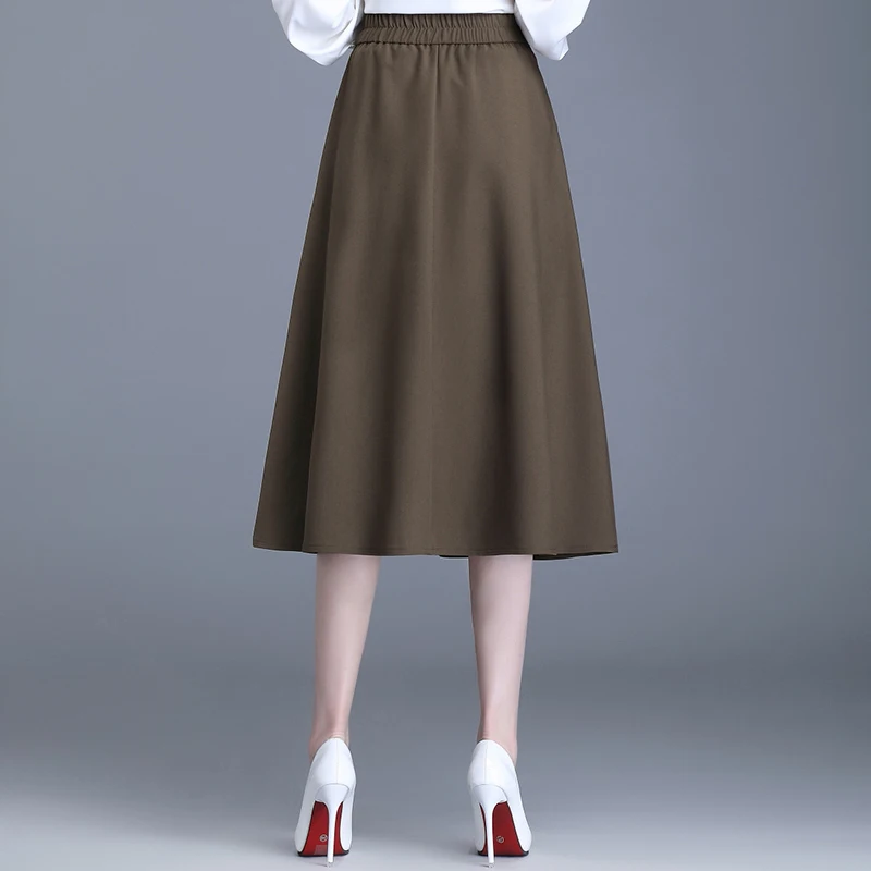 ZUZK Women Solid A-Line Suit Skirt Spring Autumn Elastic Waist Mid-Length Pocket Office Lady Skirt Casual Skirt
