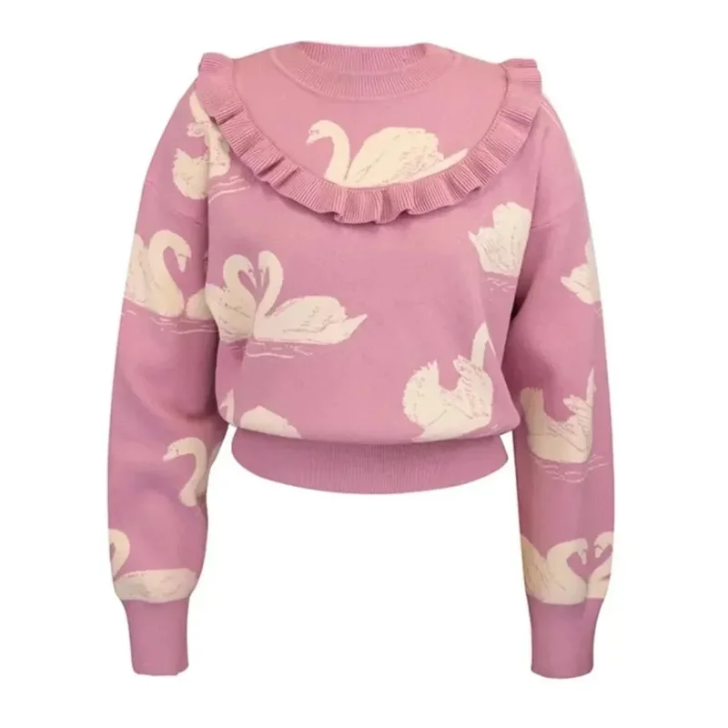 Pink Swan Jacquard Ruffles Knit Sweater Pullover Women Sweet Fashion Elegant Ladies Tops 2024 Spring Long Sleeve O-neck Jumpers