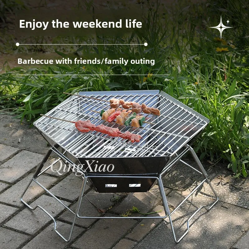 Hexagonal Stainless Steel Grill Portable Foldable Detachable Outdoor Cooking Fire Pit for Camping Picnic Backyard Party