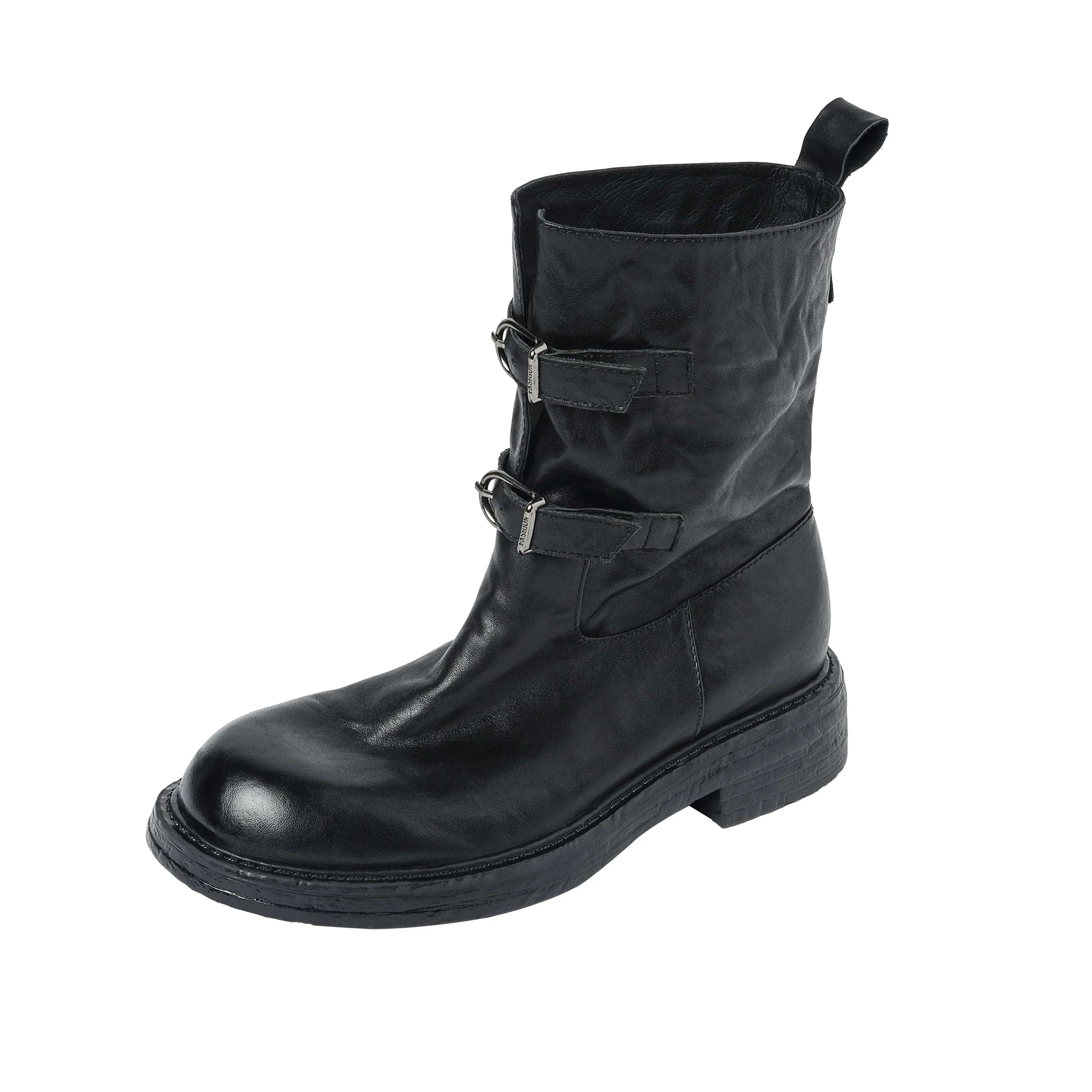 Cow Skin Med Heels Belt Buckle Retro Motorcycles Boots Warm Winter Autumn Shoe Brand Dating Catwalk Western Women Mid-calf Boots