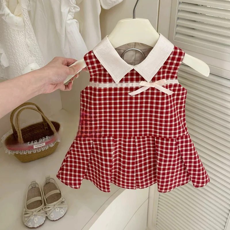 

Summer Plaid Vest Dress for Baby Girl New Children's Clothing Soft Cotton Outfit with Skirt for Little Girls