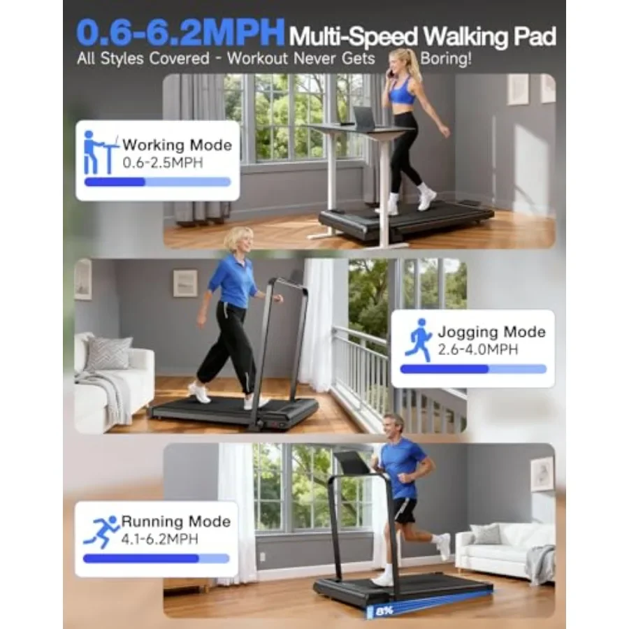 Walking Pad Treadmills for Home Use, Foldable Steel Frame, Black, 8 Incline with Ergonomic Handle Bar