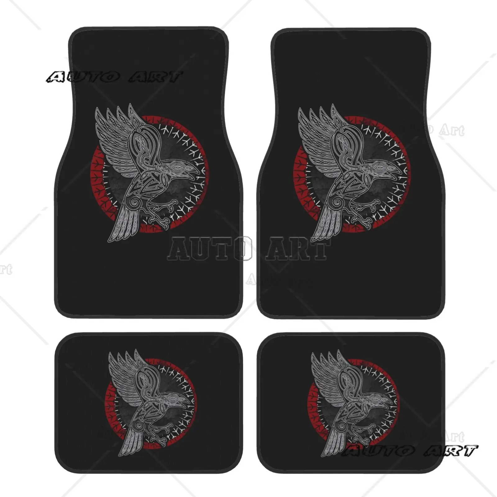 Viking Raven Pattern Car Floor Mat Set of 4 - Water Resistant - Suitable for General Car Interior - Easy To Clean