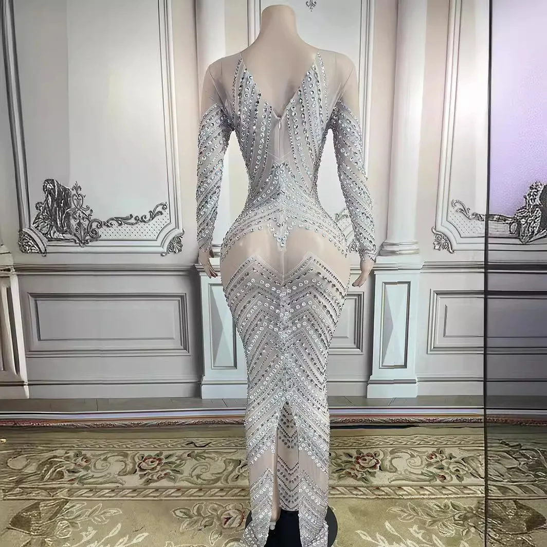 Costume scintillante diamante cristallo manica lunga ballo di fine anno abito da bar abiti da sera festa luxuosos abiti da occasione formale