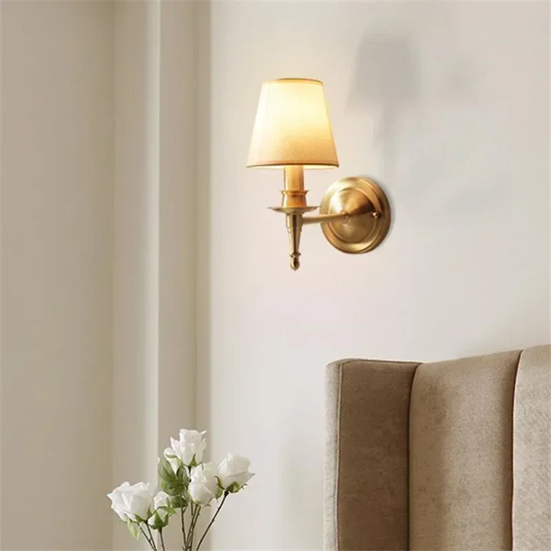 American Rural  Bedroom Bedside Living Roomcorridor Single Head Copper Simple Cloth Wall Lamp