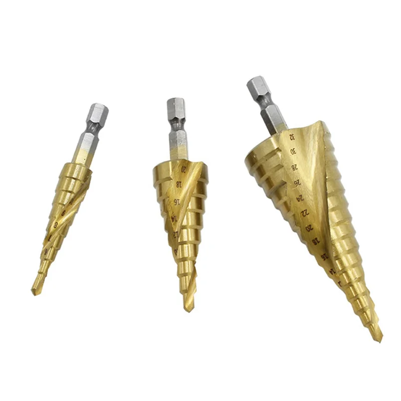 A43F-Spiral Stepped Drill Hexagon Handle 4PC Hexagon Stepped Drill Punching Suit Is Suitable For Plastic And Metal Plates.