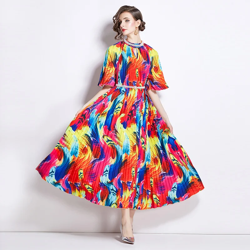 Miyake 2024 High-end Bead Positioning Printing Pleated Pearl Buckle Pleated Dress Robe Summer Dress Long Dresses for Women