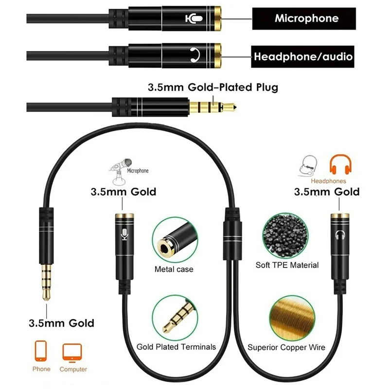 【Fast Delivery】2 In 1 Aux Audio Splitter Adapter 3.5mm Male To 2 Female Jack AUX Converter Splitter For Earphones PC Microphone