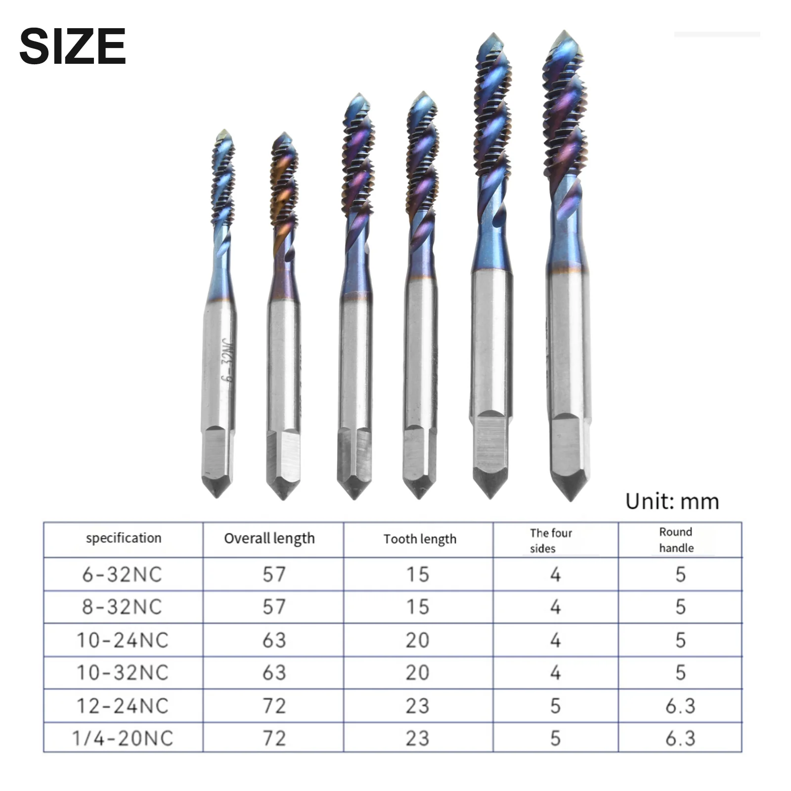 6Pcs Screw Tap HSS  Tap Blue Coated Machine Tap Threading Tools Spiral Tap Drill 6-32NC,8-32NC,10-24NC,10-32NC,12-24NC,1/4-20NC