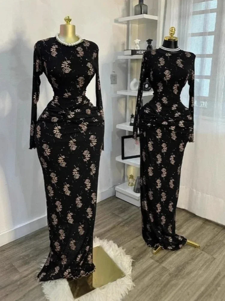

Женское облегающее длинное платье с цветочным принтом и длинными рукавами, сексуальный сложенный дизайн для вечера, дня рождения, вечеринки, осень 2023 г.