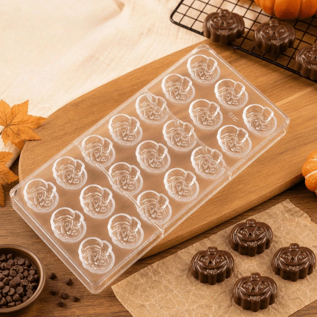 1Pcs Halloween Pumpkin Shape Chocolate Mold, Food‑Grade Polycarbonate 21 Cavity DIY Candy Praline Baking Mould